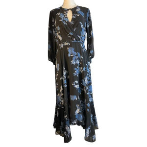 Maison Tara Womens Size 6 Black Floral Midi Dress Keyhole Zipper Back New